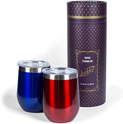 Wine Tumbler | 12 Ounce Insulated Stainless Steel Cup with Lid. Perfect Double Wall Vacuum Stemless Travel Glass for Coffee, Drinks, Champagne, Cocktails, Ice Cream at Party - 2 Pack Set: Red, Blue