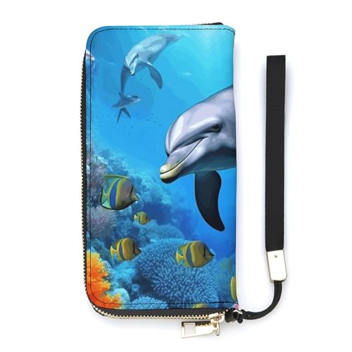 Dolphin in The Coral Reef Ladies' Leather Wallet With Hand Strap Slim Vertical Purse Wallets Card Case Long Zip Around Long Wallet Credit Cards Holder Phone Clutch