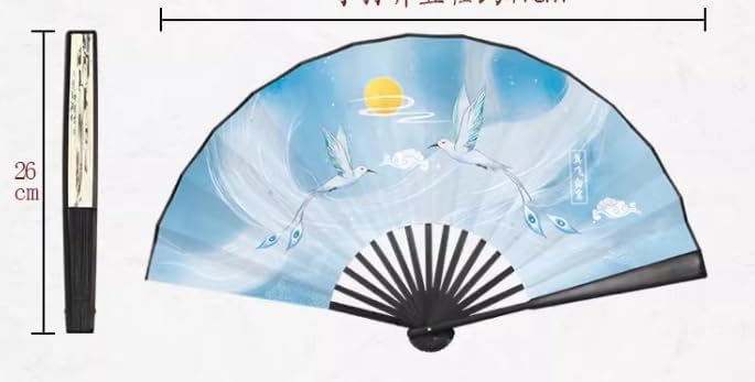Antique Large Handheld Portable Fans Top Bamboo Chinese Silk Dancing Folding Fan Decoration Costume Hanfu Prop Men Women Accessories (10.6 inches, Sky Blue (qingniaoyouxin))