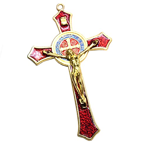 FLCPJGV Crucifijo de Pared Cruz Católica Estatua Decorativa Colgante Figura Artesanal de Jesús de Zinc Apta para Comuniones Bautismos Casa, Rojo
