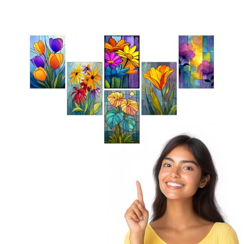 Image of SiddArtify Floral Stained Glass Wall Art Poster Print Set - Modern Flower Decor for Living Room Bedroom Office - Set of 2-4x6 Inch - Board (Pack of 6) - Sticker (Pack of 6)