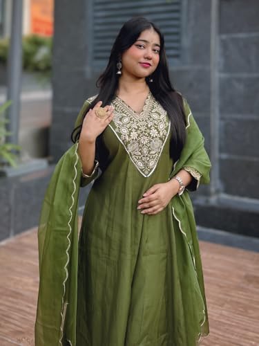 Image of VredeVogel Women's Silk Blend Embroidered Anarkali Kurta with Pant & Dupatta Set | Festive & Casual Women Ethnic Kurta Set for Women