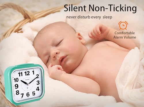 Image of Tinload 5.5 inch Large No Ticking Analog Alarm Clock,Silent Readable for Seniors,Easy to Set,Gradual Rise Alarm,Big Numbers,Gentle Wake,Snooze, Lighted on Demand,Battery Operated,Green