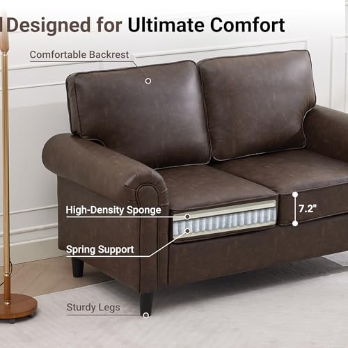 Image of Kingfun Loveseat 2 Seater Couch, Mid Century Modern Faux Leather Sofa with Rolled Arms and Deep Seats, Fluffy Comfort for Living Room, Apartment, Easy Assembly, Cocoa