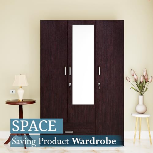 Image of VIKI Wardrobe | Wooden Almirah for 3 Door Wardrobe with 1 Drawer & Hanging Space with Mirror (Dark Wenge - 40D x 120W x 180.8H) | 1 Year Warranty | Free Assembly