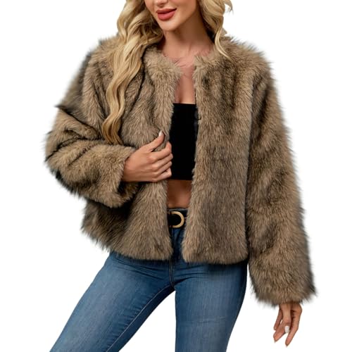 Jamicy Pelzmantel Damen Winter Fellmantel Einfarbige Reverskragen Felljacke Thermo Flauschig Pelzjacke Langarm Kunstfell Winterjacke Mantel Bekleidung Elegant Kunstpelz...