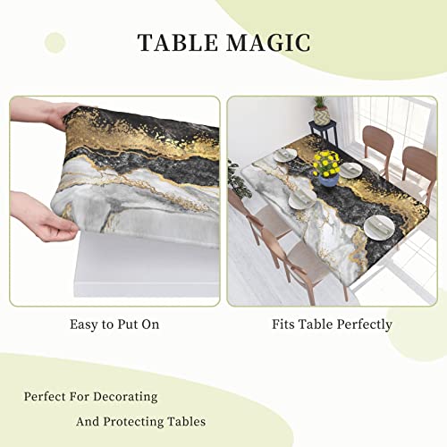 Will Budxeg Marble Texture Modern Abstract Black White Gold Tablecloth With Elastic For 4Ft 30''X48'' Rectangle Folding Table, Wipeable Table Cover For Picnics Outdoor Party #TOP6