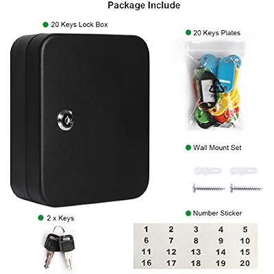 JSSMST Key Lock Box Wall Mount Security Cabinet, 20 Key Hooks & Tags, 7.87 x 6.3 x 2.95 Inches, Black Matt