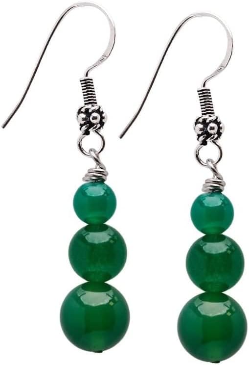 Handmade Women's Natural Gemstone Triple Beads and Sterling Silver Dangle Drop Earrings | Gemstone Beaded Dangle Earrings Gift Ideas for Women, Girls