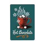 Cartel de metal de estaño retro con texto en inglés 'Hot Chocolate Winter Drink Cozy Illustration', decoración de pared vintage para el hogar, bar, cafetería, póster de metal de 8 x 12 pulgadas