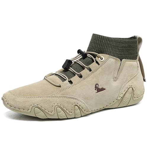 RiceelSor Men's Casual Leather Sock High Top Loafers Hand-Stitching Slip-on Driving Ankle Shoes Fully Fur Lined Warm Non-Slip Comfortable Dress Shoe