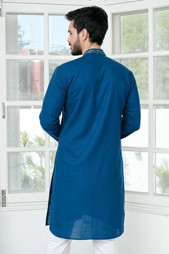 Image of See Designs Men's Full Sleeve Mandarin Collar Ethnic Motifs Embroidered Sequinned Mandarin Collar Straight Long Kurta with Pyjama - Festive Collection