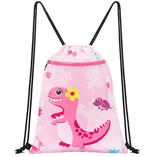 WAWSAM Dinosaur Drawstring Backpack for Kids - 34 x 45 cm Sports Gym PE Bag for Girls Waterproof Beach Swimming School Travel Sackpack Birthday Gift with Zippered Pocket