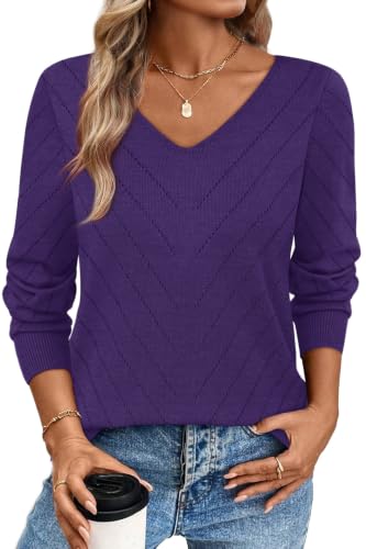 Image of WIHOLL Sweaters for Women V Neck Casual Knit Long Sleeve Tops Lightweight Pullover Clothes Fall Fashion Outfits 2026