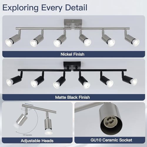 Image of 6-Light Nickel Kitchen Track Lighting, Adjustable GU10 Ceiling Light Fixture with Rotatable Heads, Modern Led Track Light for Kitchen, Dining Room, Hallway (Bulbs Not Included)