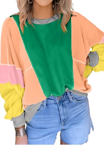 Image of KevaMolly Womens Long Sleeve Tops Colorblock Patchwork Exposed Stitching Oversize Top Round Neck Casual Pullover