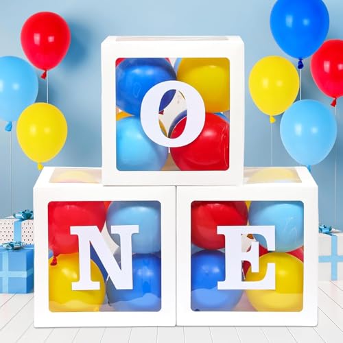 Image of Rozi Decoration inchONE inch Cardboard Balloon Box Set - 3-Pack White 1st Birthday Party Supplies