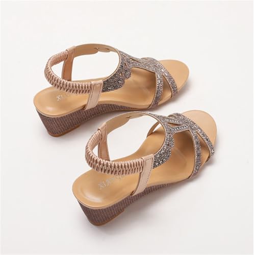Women's Wedge Sandals, Womens Adjustable Elastic Straps Rhinestone Open Toe Wedge Sandals, Fashion Summer Non-slip Roman Shoes, for All Kinds of Clothes Such as Jeans, Casual Pants4