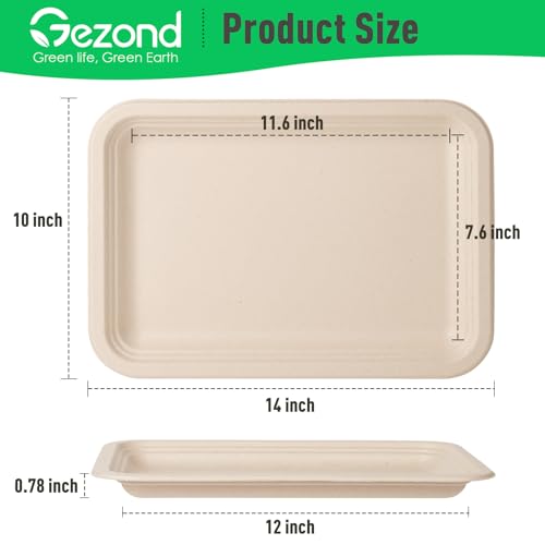 Gezond 50 Pack 14 Inch Disposable Food Trays Eco-friendly Heavy-Duty Large Paper Plates Compostable Sugarcane Platters for Crawfish Lobster Seafood Party Natural - Thumbnail 2
