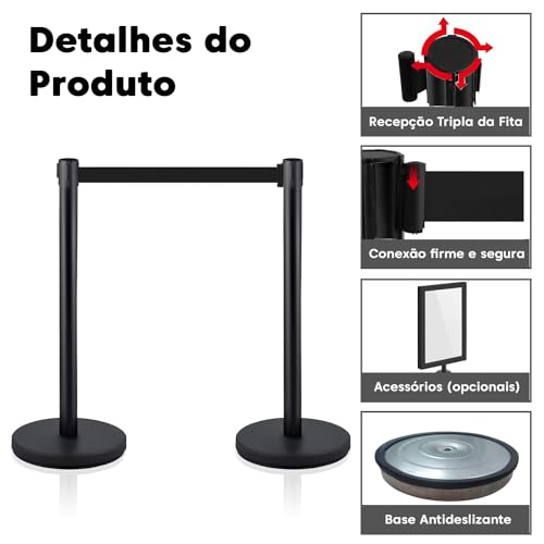 MICHELANGELO Kit 6 Pedestais Premium Organizador Separador de Fila Preto com Fita Retrátil Preta 2 M