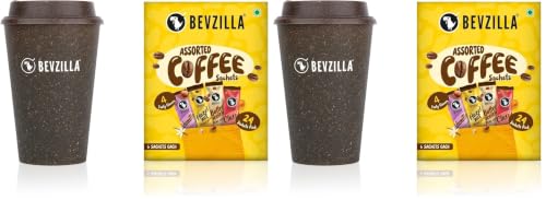 Image of Bevzilla 24 Assorted Coffee Sachets & Tumbler Pack | Eco-Friendly Coffee Tumbler | Best for Espresso, Latte & Cappucino (Pack of 2)