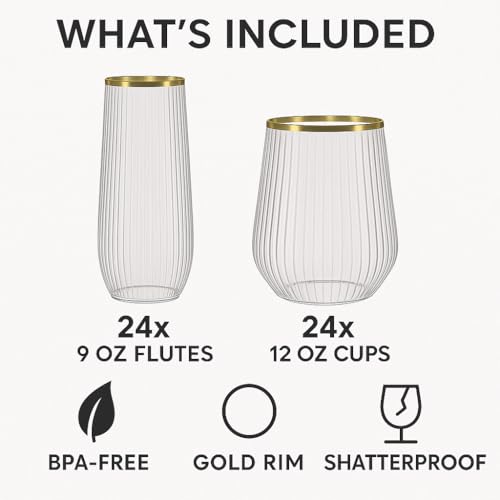 Image of 48 Pack Stemless Disposable Plastic Champagne Flutes, Gold Rim Wine Cups