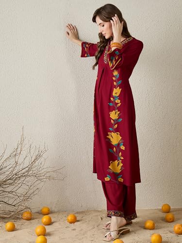 Image of INDO ERA Women's Viscose Rayon Floral Printed A-Line Kurta & Palazzo Set