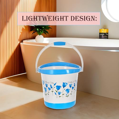 Image of Kuber Industries Bucket for Bathroom 18 Litre | Bucket for Kitchen | Balti for Bathing with Handle | Bucket for Washing Clothes & Mopping | Tulip Flower-Blue