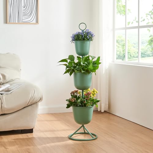 [en.casa] Porte-Plantes Style Intemporel avec 3 Cache-Pots Support de Plantes pour Intérieur Bac à Fleurs pour Salon Chambre Métal 110 x 28 cm Vert