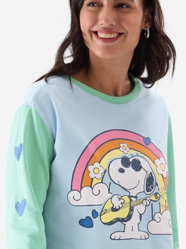 Image of The Souled Store Peanuts: Groove Women and Girls Blue Long Sleeve Round Neck Graphic Printed Oversized Crop Fit Pre-Winter Tops Sweatshirts Hoodies Pullovers Graphic Printed Colors Sportswear Casual