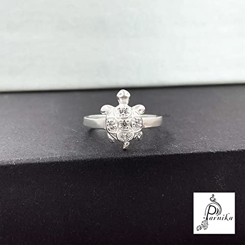 MJ 925 Good Luck Tortoise/Turtle Finger Ring Embellished with CZs in 92.5 Sterling Silver for Men and Women | Meru Kachua Ring |