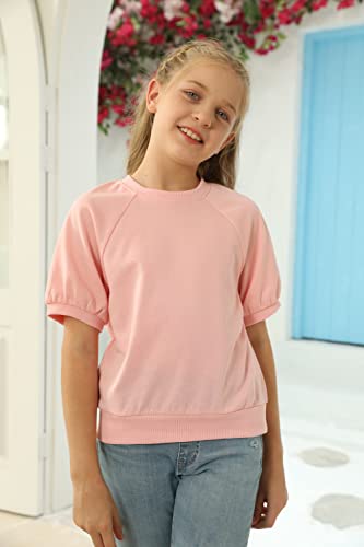 Image of Kids Girls Cute T-Shirt Short Puff Sleeve Basic Solid Casual Loose Pullover Ribbed Cuffs Hem Pink Tees Size 4-13Years