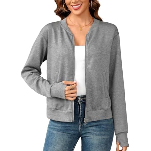 Totatuit Womens Long Sleeve Zip Up Cardigan Jacket Outfits Crewneck Casual Bomber Coat Lightweight Sweatshirts Deep Grey XX-Large