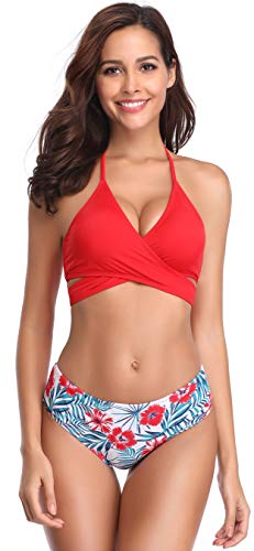 Preisvergleich Produktbild SHEKINI Damen Zweiteiliger Crossover Neckholder Bikini Weiche Pads Oberteil Druck Bikinihose Schwimmbad Sexy Schick Für Frau Strandkleidung High Waist Bauchweg Unterteil (S, Rot+Muster)