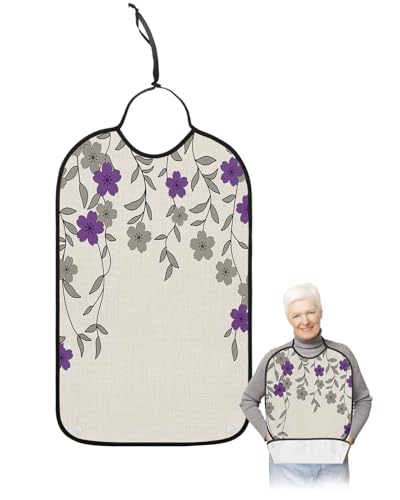 LEOKOTI Purple Grey Weeping Floral Adult Bibs for Eating, Waterproof Bibs with Food Catcher & Adjustable Snap Closure, Chic Summer Botanical Rustic Washable Clothing Protectors Adult Bibs for Elderly