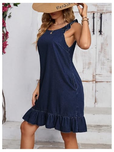 Image of Floerns Women's Ruffle Trim Sleeveless Tank Denim Dress Vacation Scoop Neck Jean Dresses