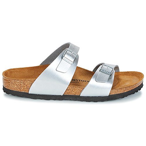Image of Birkenstock Women's Heels Open Toe Sandals, Silver Soft Metallic Silver Soft Metallic Silver, 9