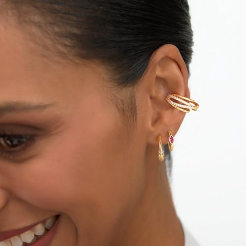 Dremmy Studios Dainty CZ Huggie Hoop Earrings 14K Gold Plated Chunky Simple Cute Thick Round Frill Bead Ball Starburst Cuff Earrings Cubic Zirconia Hoop Earrings Minimalist Personalized Gift for Her3