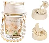 12 Oz Glass Water Bottle with Straw Lid Handle Cute Kawaii Mini Small Clear Milk Bottles for Grils W