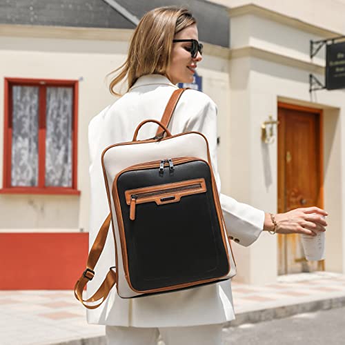 Cluci Leather Laptop Backpack For Women 15.6 Inch Computer Backpack Travel Business Work Large Daypack Off-White With Brown And Black #TOP1