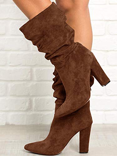 Syktkmx Womens Winter Slouchy High Heel Boots Mid Calf Suede Slip on Chunky Block Pointed Toe Boots3