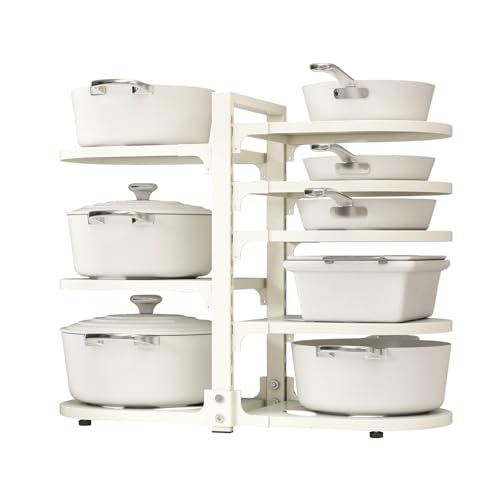 Adjustable Heavy Duty Pots and Pans Organizer Under Cabinet, 8-Tier Pot and Pan Organizers Inside Cabinet, Kitchen Cabinet Organizers and Storage, White