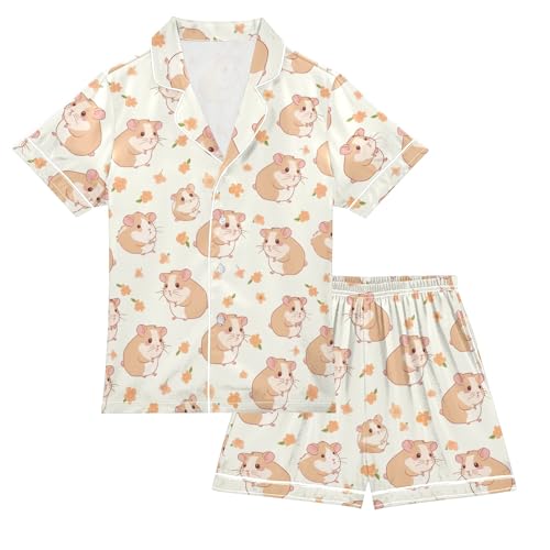 Hamster Print Summer Satin Pajama Set, Cute Button-Down Sleepwear Pj Set for Sleep Wears