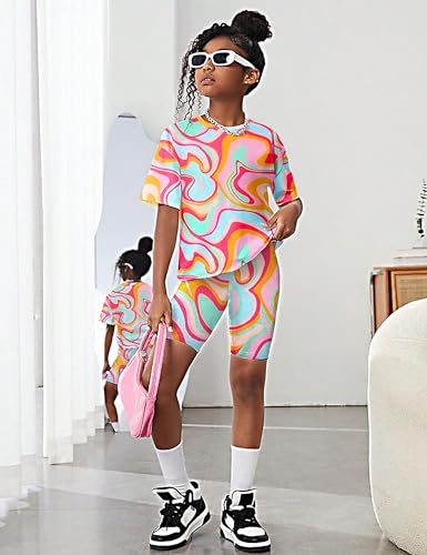 Image of Teen Girls Clothes 2 Piece Colored Tie Dyer Girls Summer Outfits Short Sleeve Fashion Printed T-Shirt and Pants