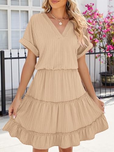 Image of PerZeal Women's Casual V Neck Short Sleeve Tiered Dress Ruffle Hem A-Line Flowy Swing Midi Dresses