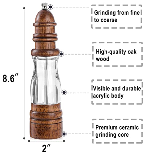 Wood Pepper Grinder Mill, Manual Salt And Pepper Mills Refillable With Visible Window, Pepper Shakers, Salt Mill, Adjustable Coarseness Fine To Coarse, 8.6 Inches (1 Pack) #TOP1