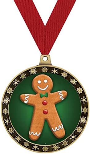 Gingerbread Man Winter Seasonal Award Medals with Red Ribbon, 2.5" Gold Gingerbread Man Winter Trophies