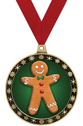 Crown Awards Gingerbread Man Winter Seasonal Award Medals with Red Ribbon, 2.5" Gold Gingerbread Man Winter Trophies, 50 Pack
