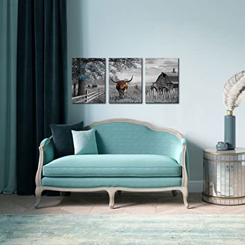 Yiijeah Blue Tree Brown Cow Canvas Wall Art 3 Piece Wall Decor Gray Rustic Dorm Wall Art Farmhouse Canvas Framed Picture Prints Wall Art For Cute Wall Decor For Bedroom Dining Room Pictures Wall Decor #TOP4