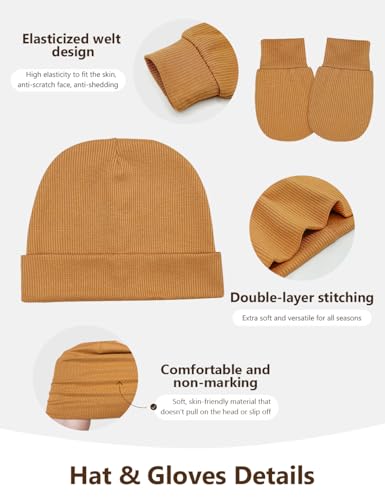 Stretchy Baby Hats and Mittens, Ribbed Neutral Newborn No Scratch Gloves Beanie Hospital Hat Set for Girls Boys2